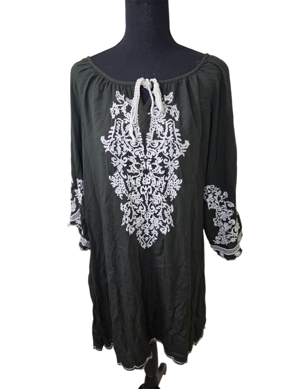 Women’s Olive Green Embroidered Jumpsuit with Tassel Tie